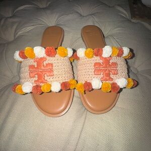Tory Burch Raffia Pom Pom Slide Sandals – Size 6 – Coral/Yellow